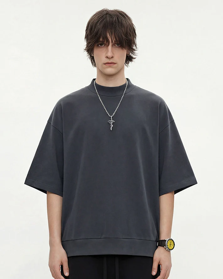 New Minimal Mock Neck Short Sleeve T-Shirt - Image 9