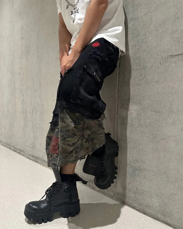 New Patchwork Camo Denim Cargo Shorts - Image 2
