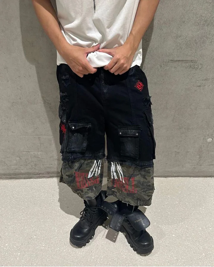 New Patchwork Camo Denim Cargo Shorts - Image 5
