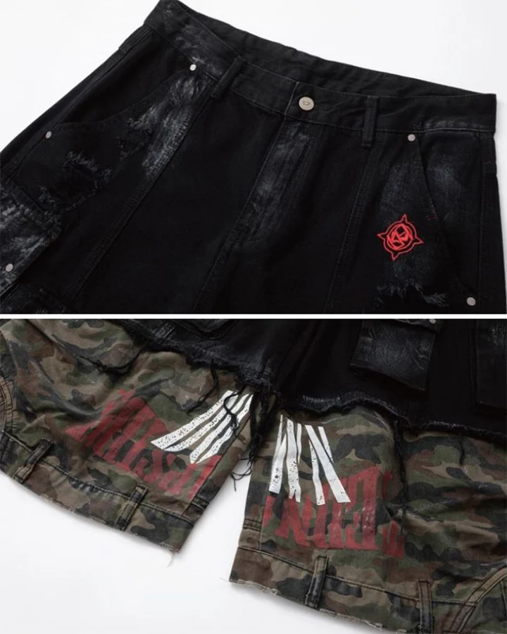 New Patchwork Camo Denim Cargo Shorts - Image 7