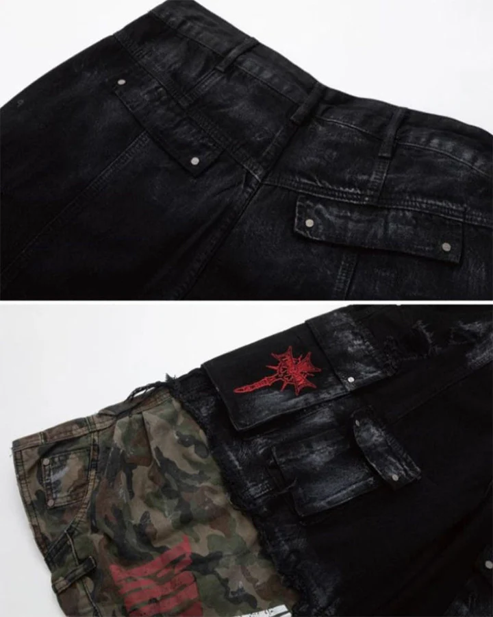 New Patchwork Camo Denim Cargo Shorts - Image 8