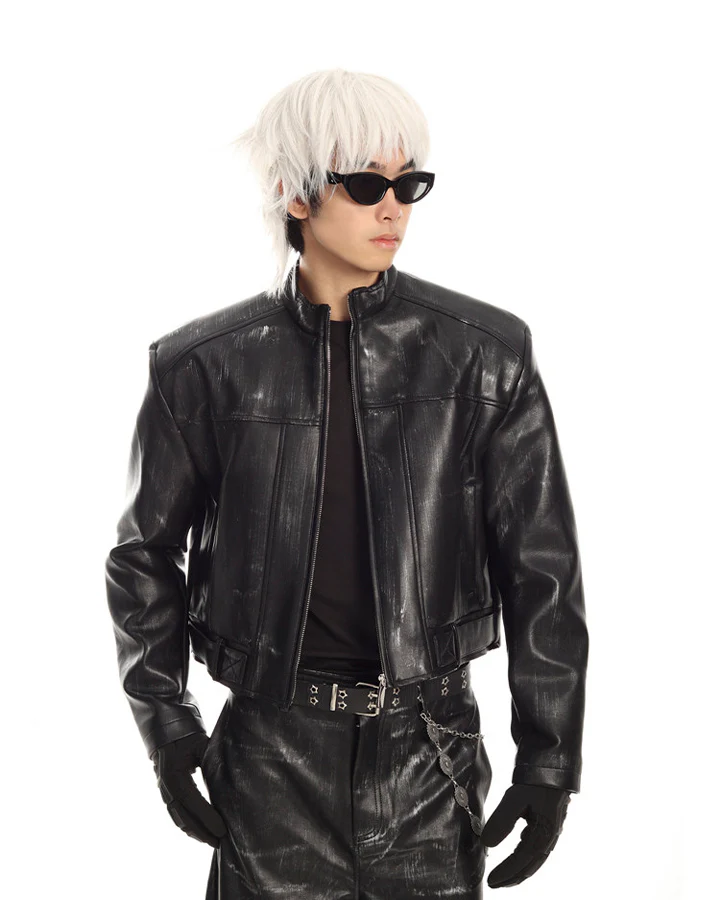 New PU Stand Collar Zip-Up Jacket - Image 2