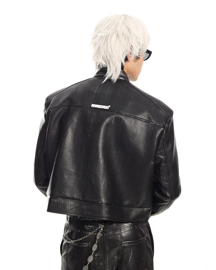 New PU Stand Collar Zip-Up Jacket - Image 3