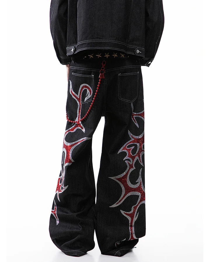 New Rhinestone Flame Denim Jeans - Image 2