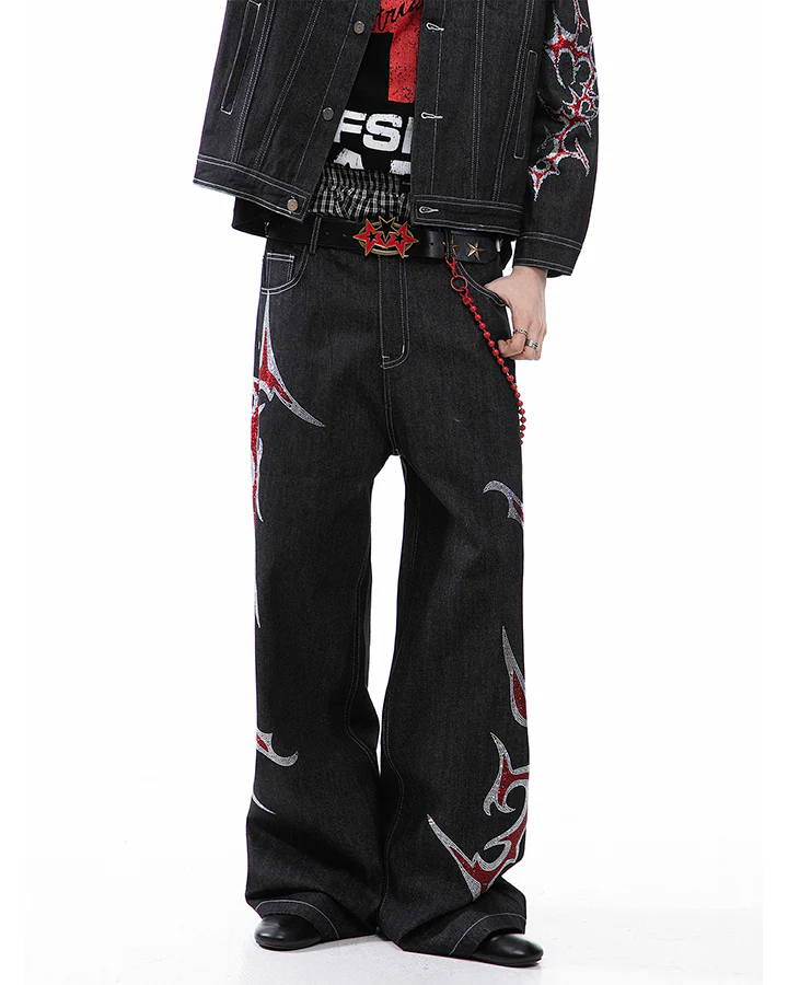New Rhinestone Flame Denim Jeans - Image 5