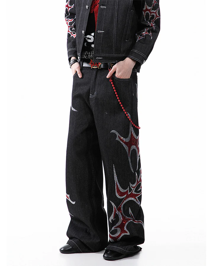 New Rhinestone Flame Denim Jeans - Image 7