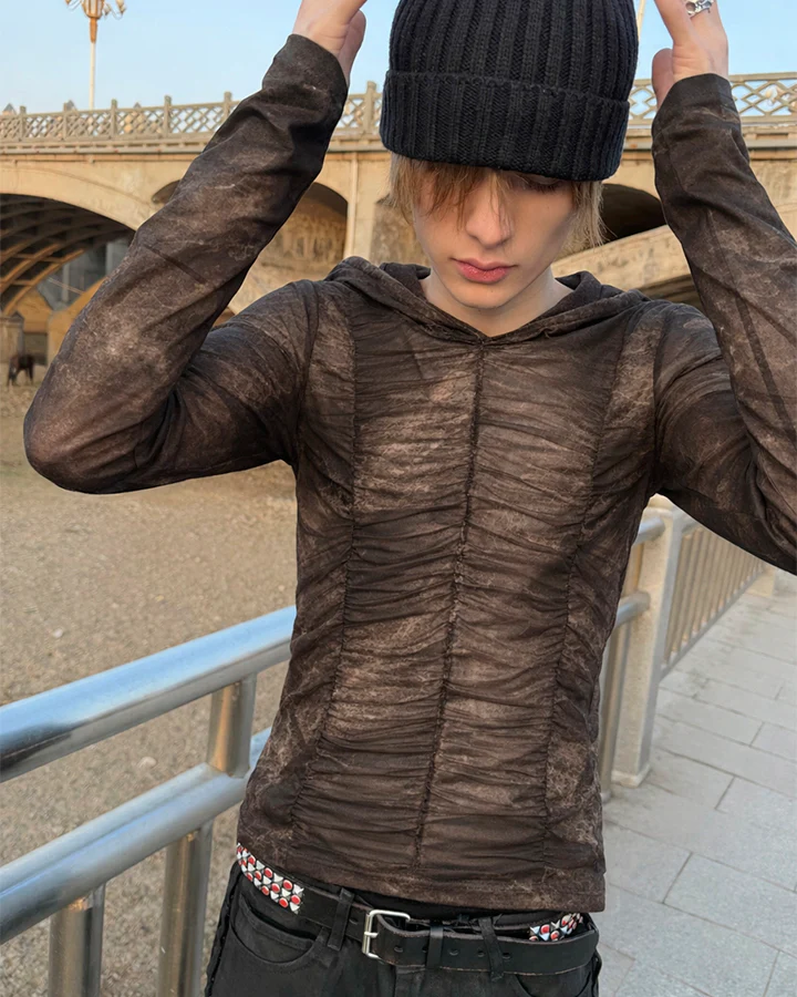 New Ruched Sheer Hooded Mesh Top - Image 2