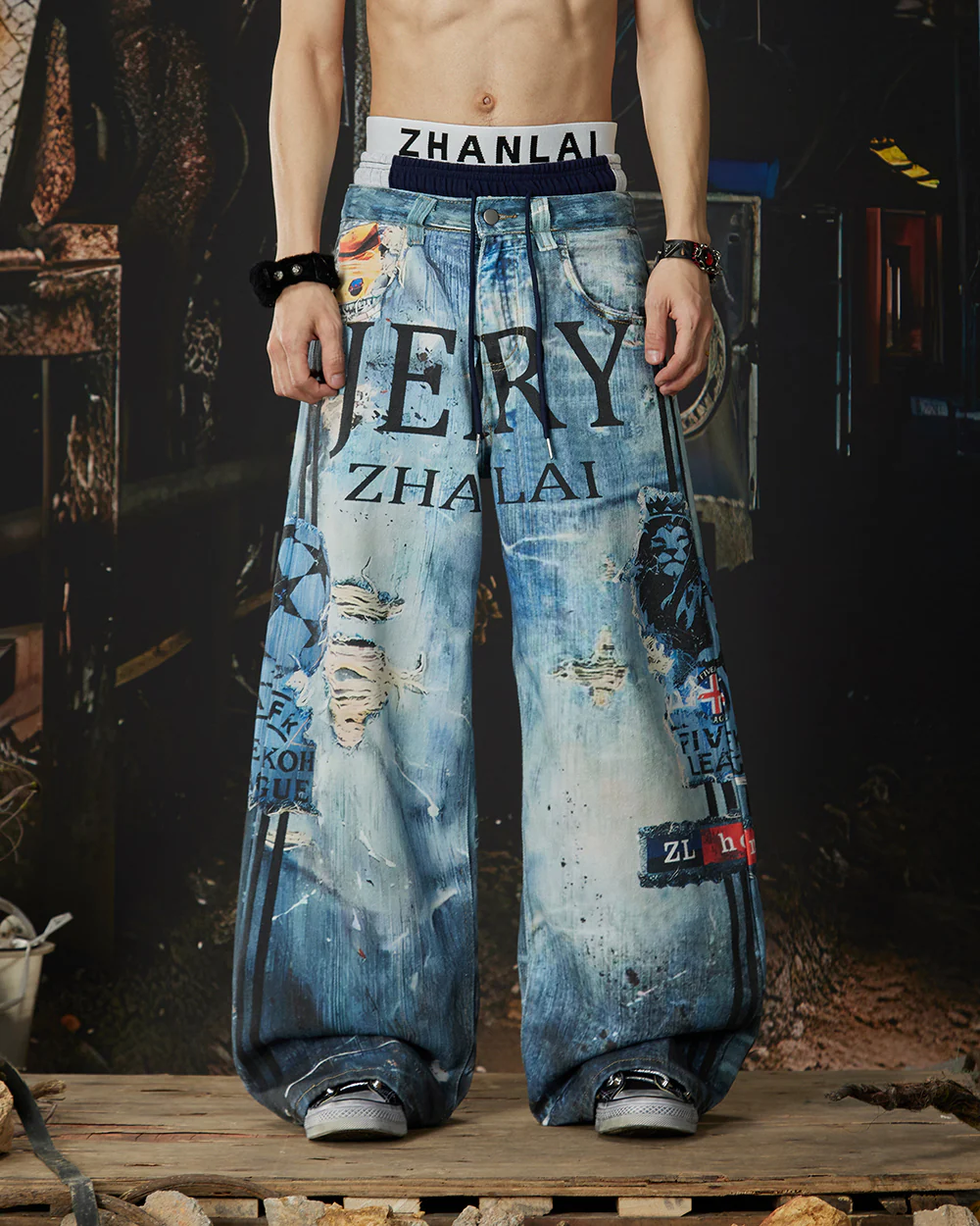 New Triple Waistband 3D Print Street Wide Pants - Image 2