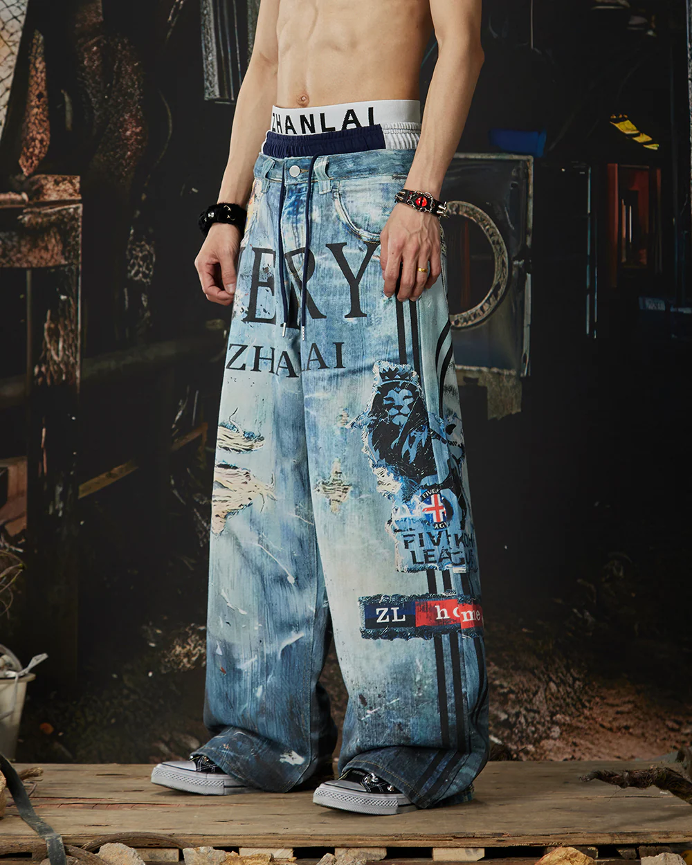 New Triple Waistband 3D Print Street Wide Pants - Image 4