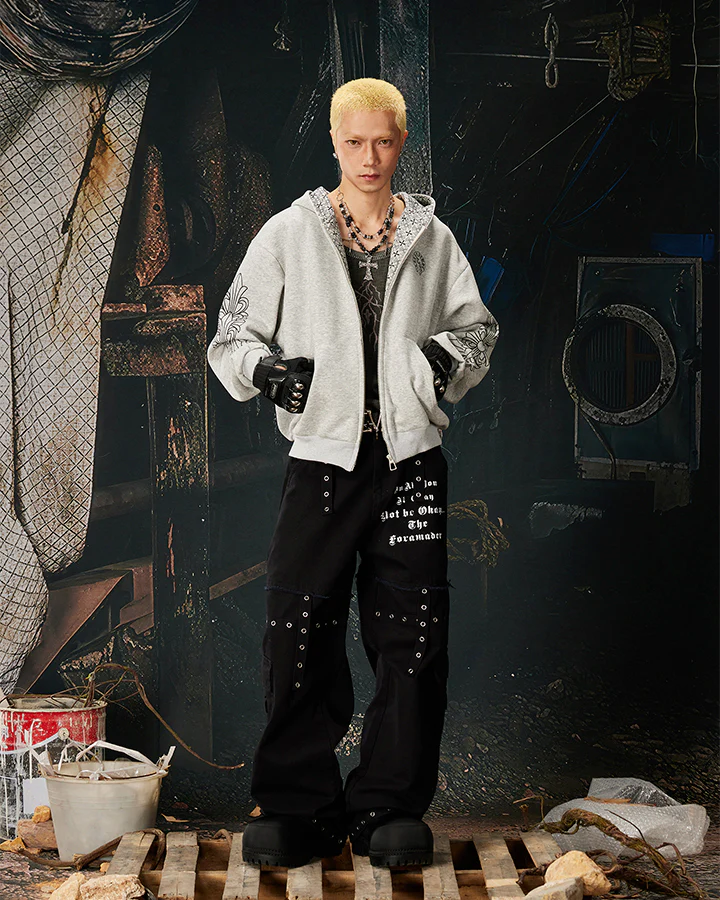 New Vintage Gothic Print Zip Hoodie - Image 12