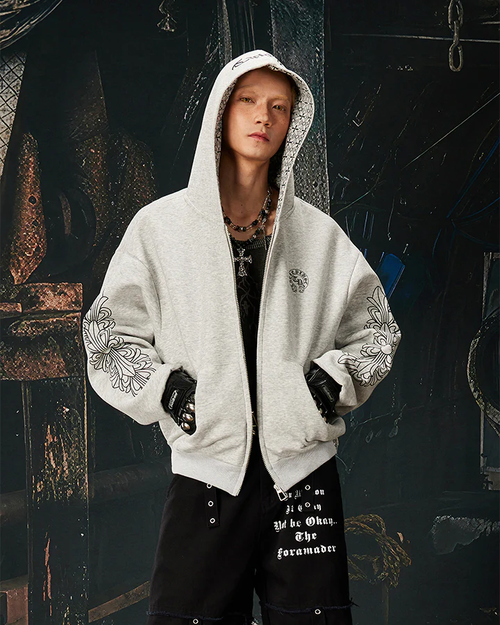 New Vintage Gothic Print Zip Hoodie - Image 2