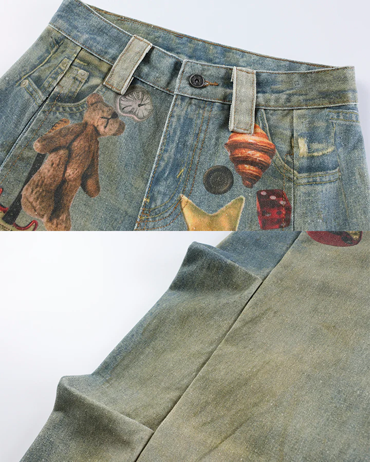 New Vintage Washed Cartoon Patch Balloon Jeans - Image 3