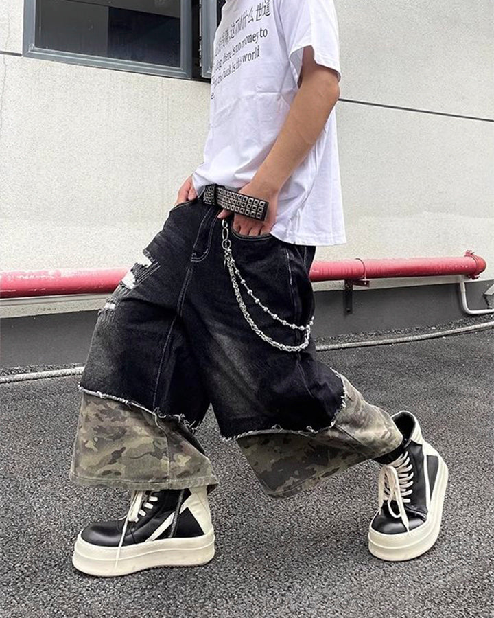 New Washed Black Camo Patchwork Shorts - Image 2