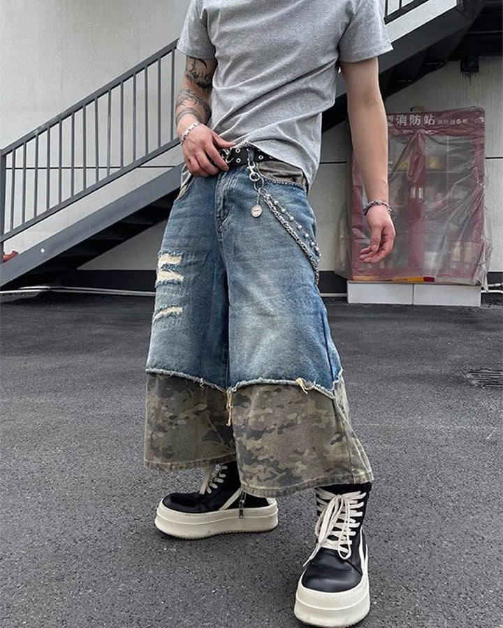 New Washed Black Camo Patchwork Shorts - Image 4