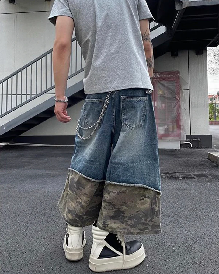 New Washed Black Camo Patchwork Shorts - Image 5