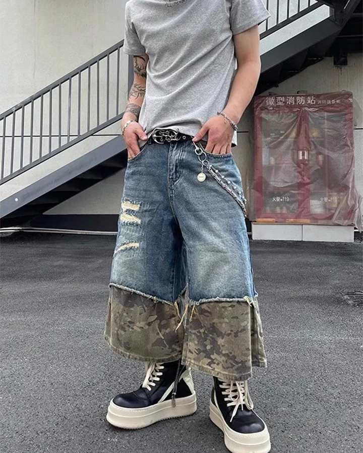 New Washed Black Camo Patchwork Shorts - Image 6