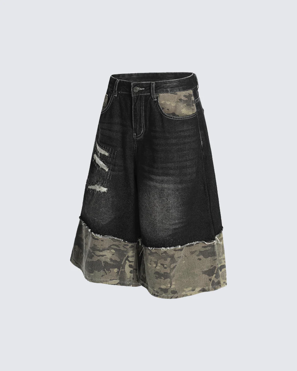 New Washed Black Camo Patchwork Shorts - Image 7