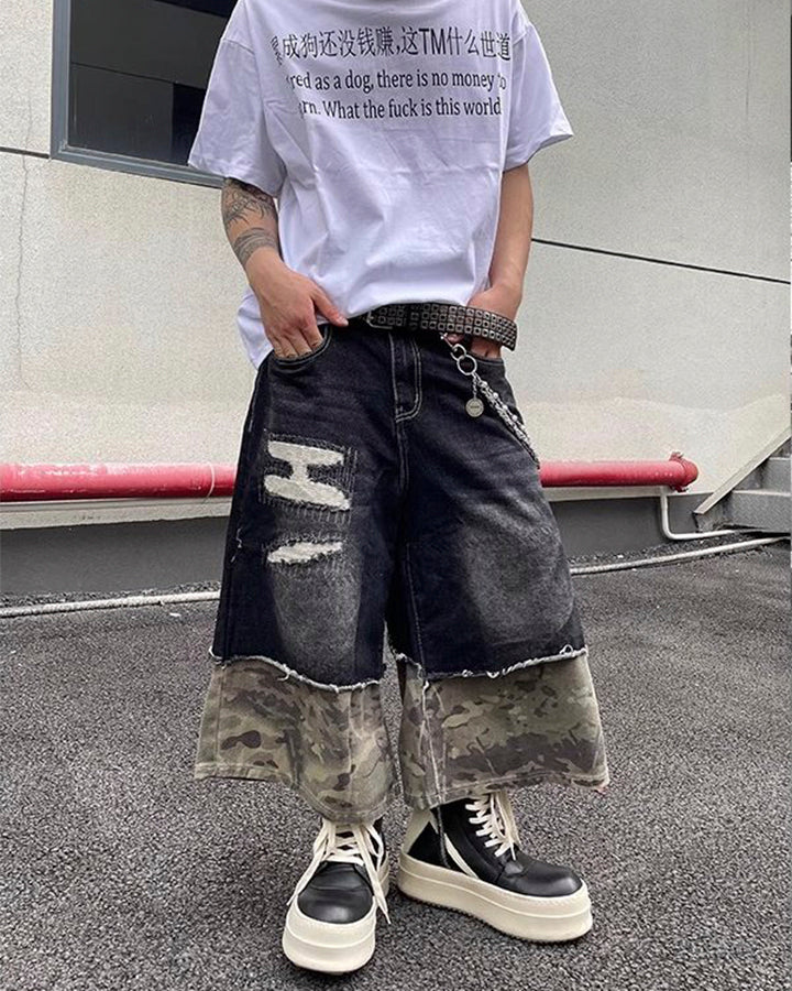 New Washed Black Camo Patchwork Shorts - Image 8