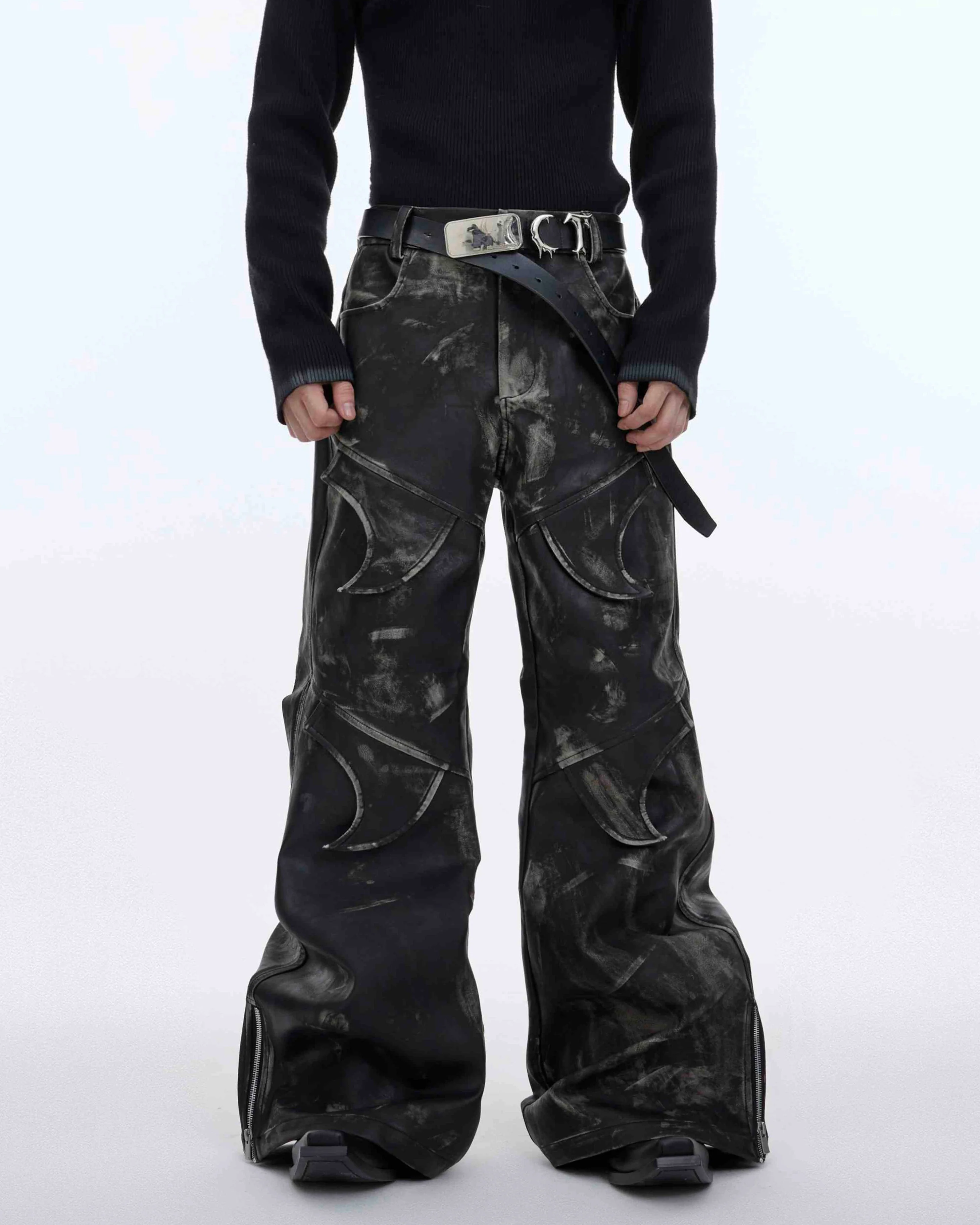 Niche Deconstructed Vintage Heavyweight PU Leather Pants - Image 2