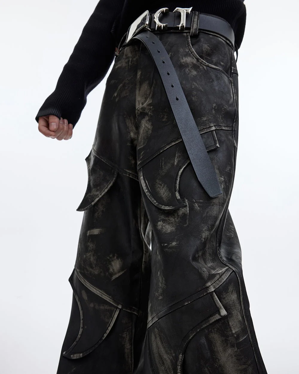 Niche Deconstructed Vintage Heavyweight PU Leather Pants - Image 3