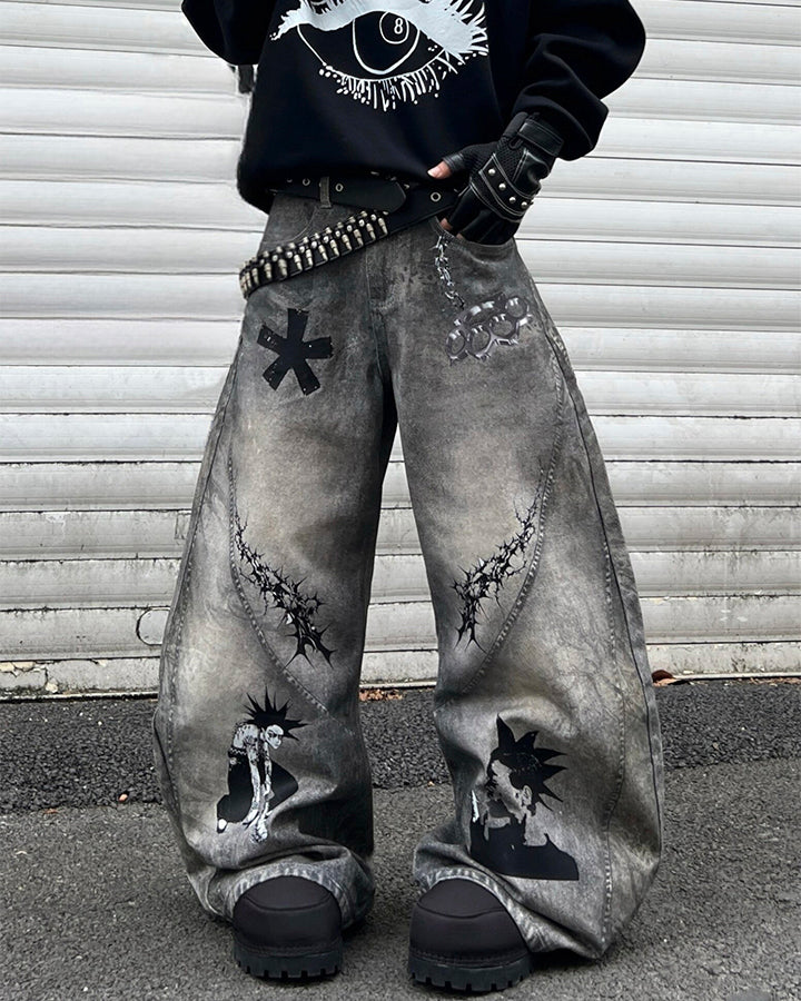 Niche Dirty Wash 3D Print Curved Jeans - Image 3