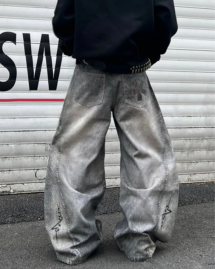 Niche Dirty Wash 3D Print Curved Jeans - Image 7