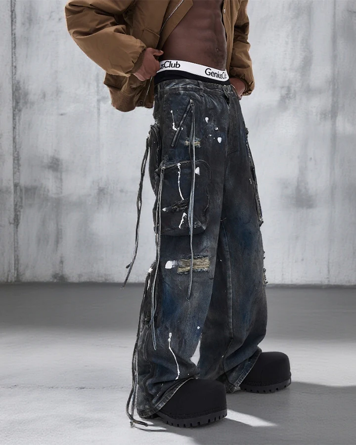Paint Splatter Cargo Wide Leg Denim Pants - Image 2