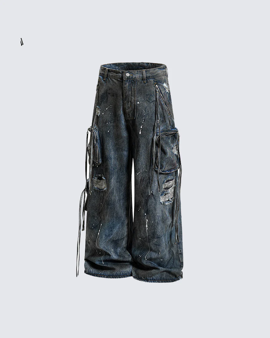 Paint Splatter Cargo Wide Leg Denim Pants - Image 3