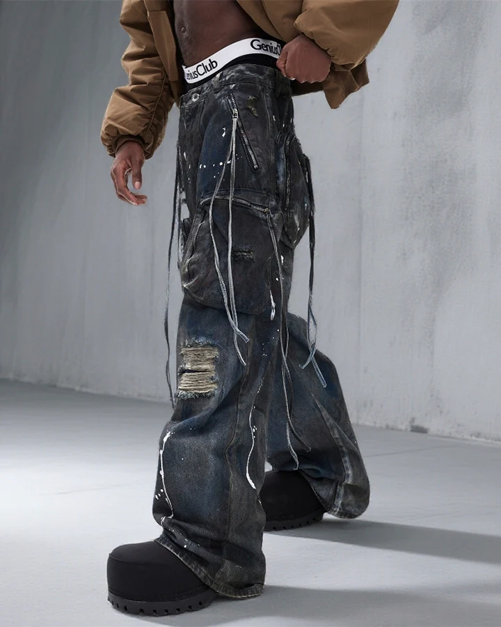 Paint Splatter Cargo Wide Leg Denim Pants - Image 4
