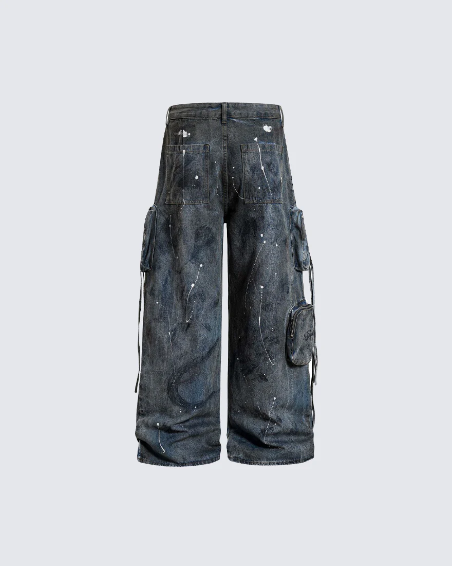 Paint Splatter Cargo Wide Leg Denim Pants - Image 5