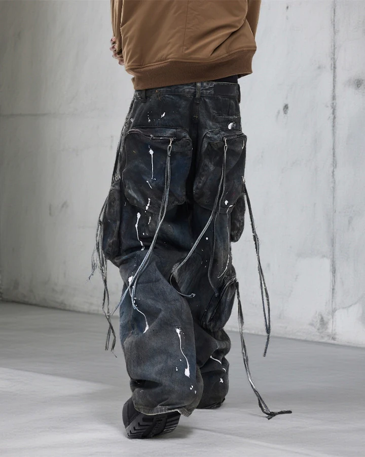Paint Splatter Cargo Wide Leg Denim Pants - Image 6