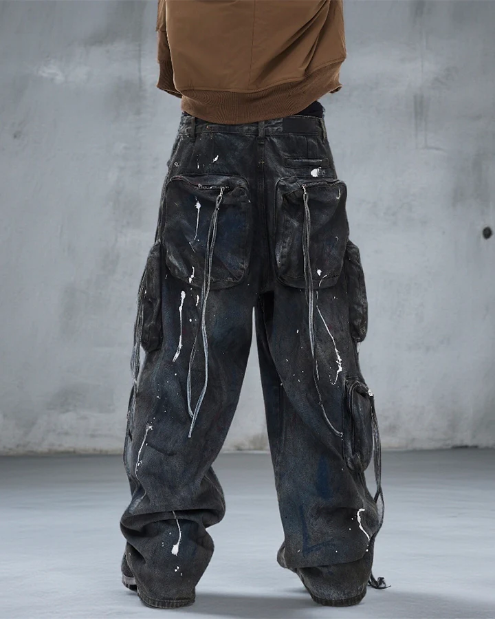 Paint Splatter Cargo Wide Leg Denim Pants - Image 7