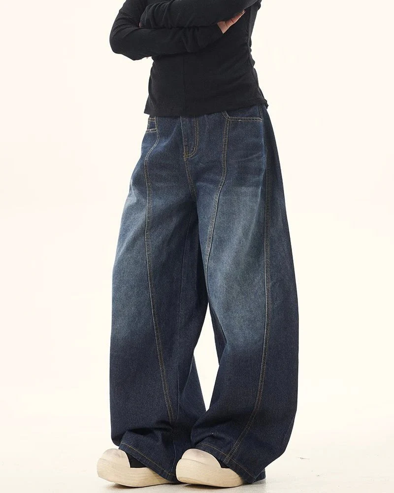Patchwork Design Washed Denim Pants - Image 11