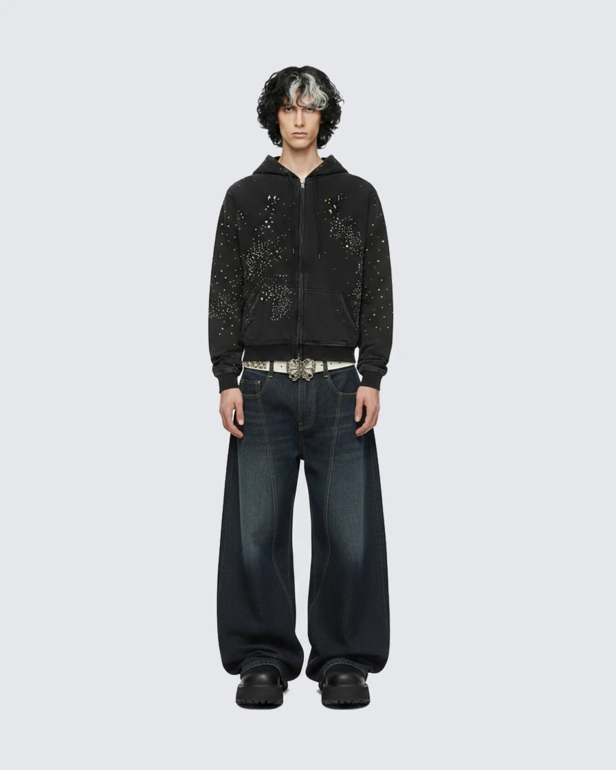 Patchwork Design Washed Denim Pants - Image 2