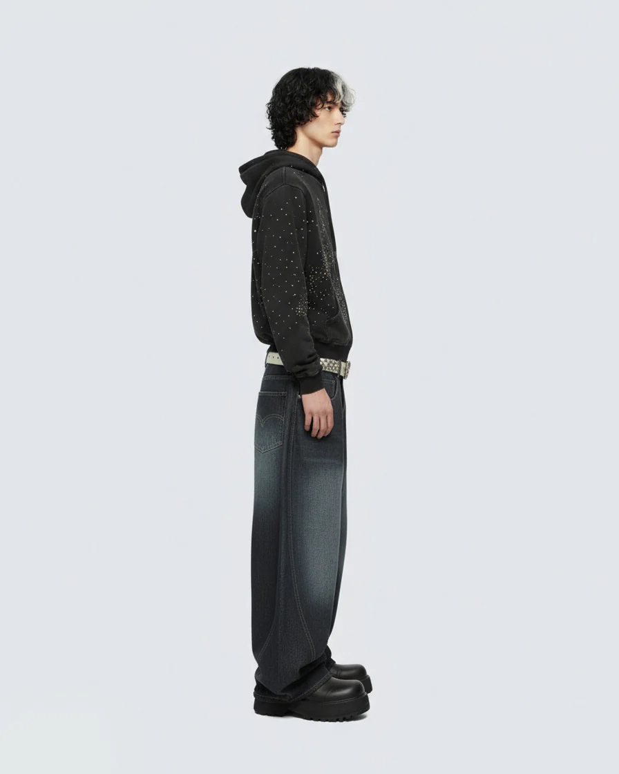 Patchwork Design Washed Denim Pants - Image 3