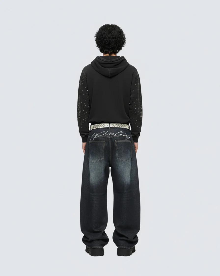 Patchwork Design Washed Denim Pants - Image 4
