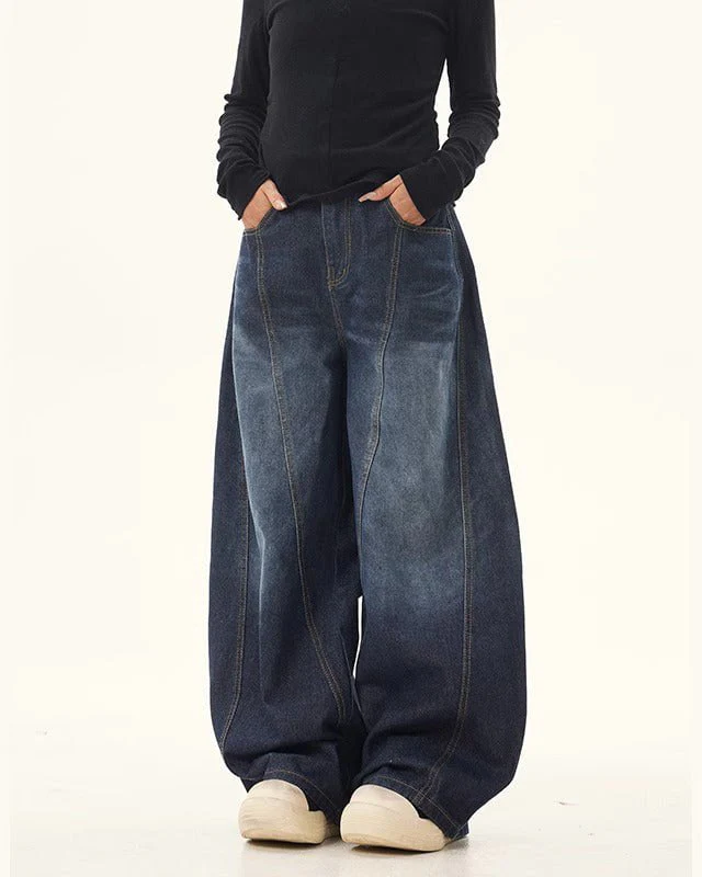 Patchwork Design Washed Denim Pants - Image 9