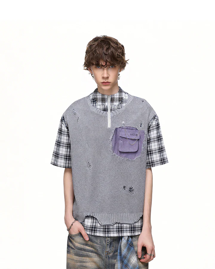 Patchwork Distressed Plaid Layered Knit T-Shirt - Image 2