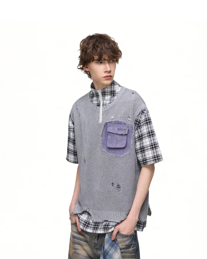 Patchwork Distressed Plaid Layered Knit T-Shirt - Image 3