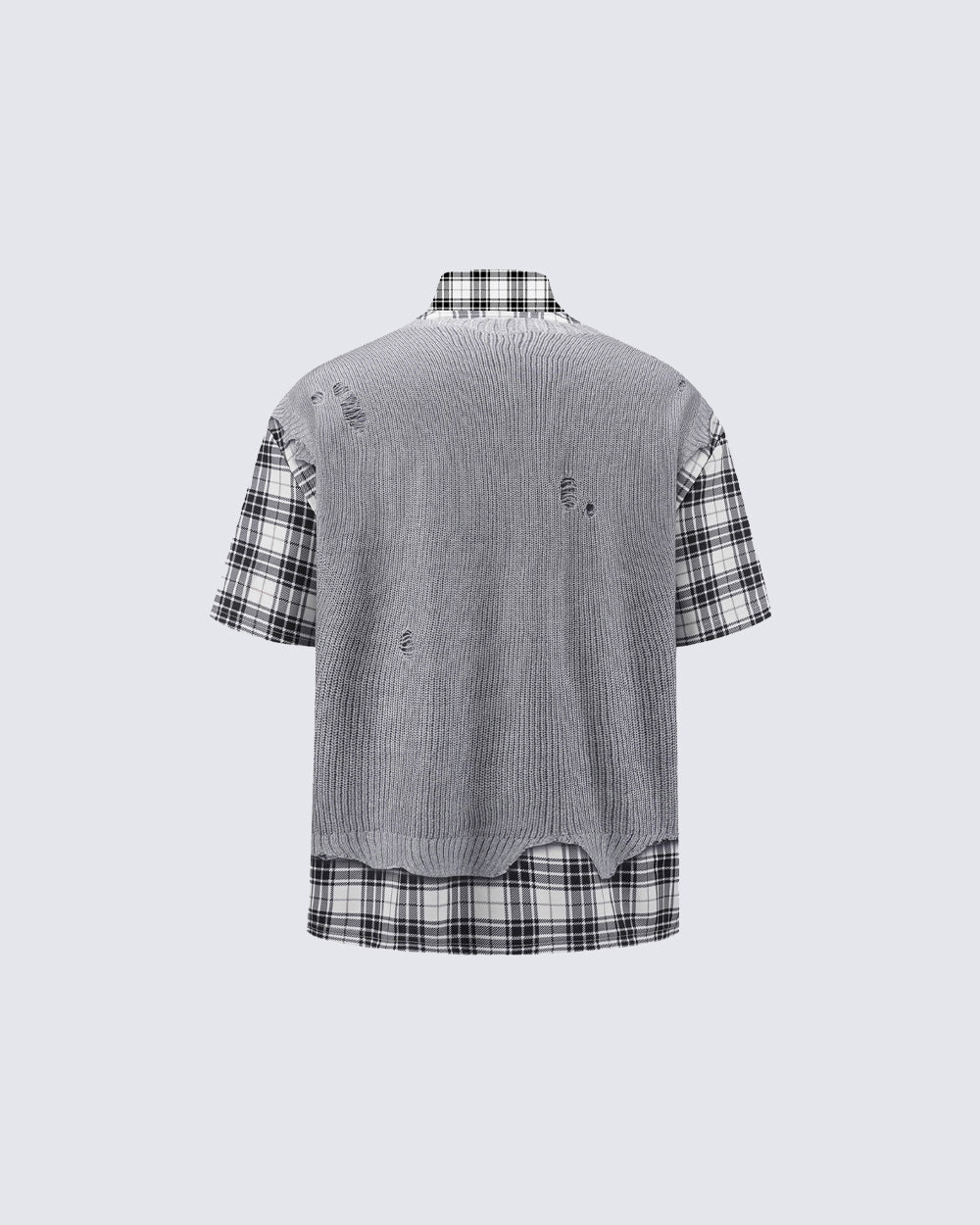 Patchwork Distressed Plaid Layered Knit T-Shirt - Image 4