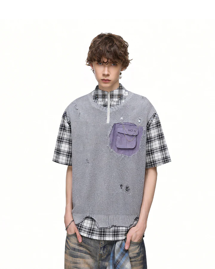 Patchwork Distressed Plaid Layered Knit T-Shirt - Image 5