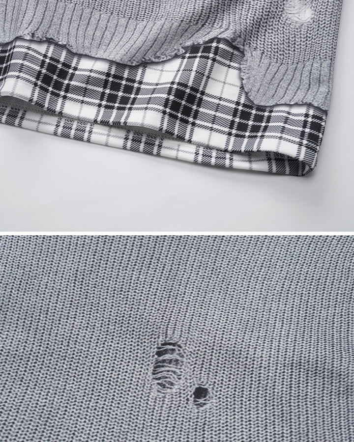 Patchwork Distressed Plaid Layered Knit T-Shirt - Image 7