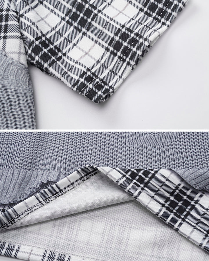 Patchwork Distressed Plaid Layered Knit T-Shirt - Image 8