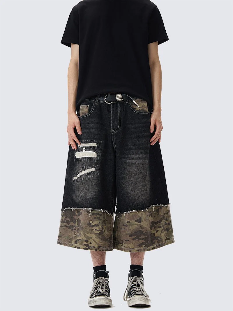 Patchwork Ripped Denim Shorts with Camo Hem - Image 2