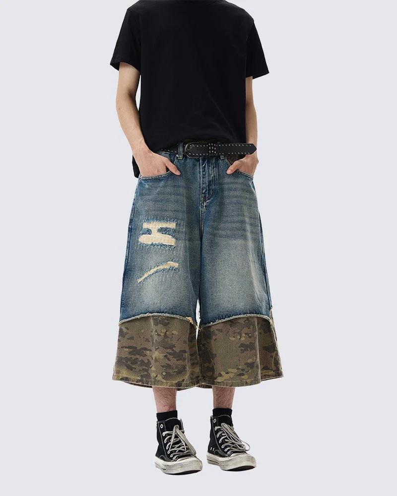 Patchwork Ripped Denim Shorts with Camo Hem - Image 3