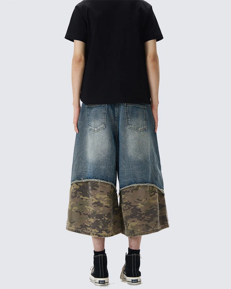Patchwork Ripped Denim Shorts with Camo Hem - Image 4
