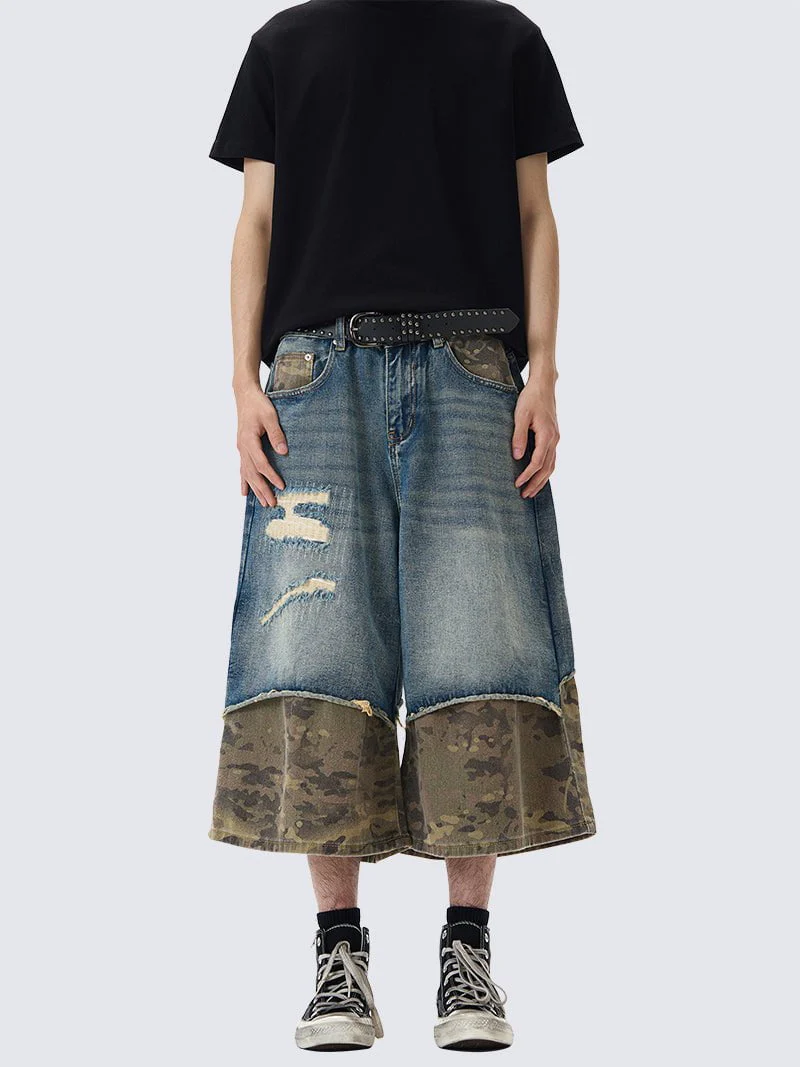 Patchwork Ripped Denim Shorts with Camo Hem - Image 5
