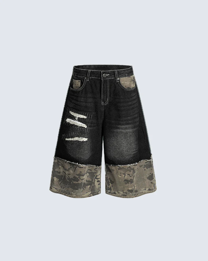 Patchwork Ripped Denim Shorts with Camo Hem - Image 6