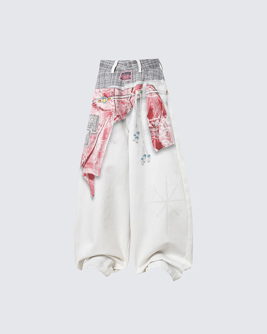 Patchwork Scarf Detail Wide Leg Pants