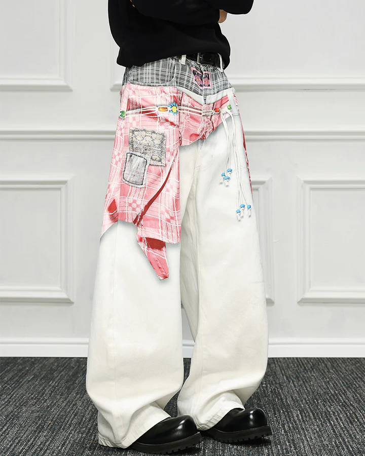 Patchwork Scarf Detail Wide Leg Pants - Image 4